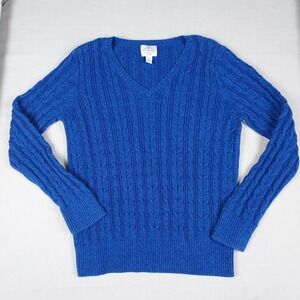 St John's Bay Women's Petite Large Cable Knit Sweater Blue V Neck Long Sleeve